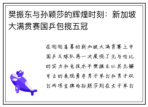 樊振东与孙颖莎的辉煌时刻：新加坡大满贯赛国乒包揽五冠