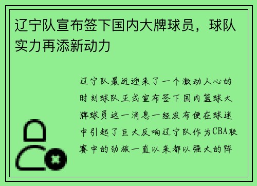 辽宁队宣布签下国内大牌球员，球队实力再添新动力